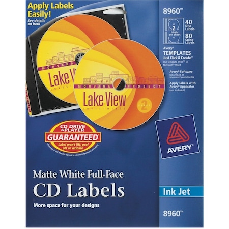 Avery Labels, CD, Inkjet Matte, 40/Labels, 80/Inserts, White 40PK AVE8960